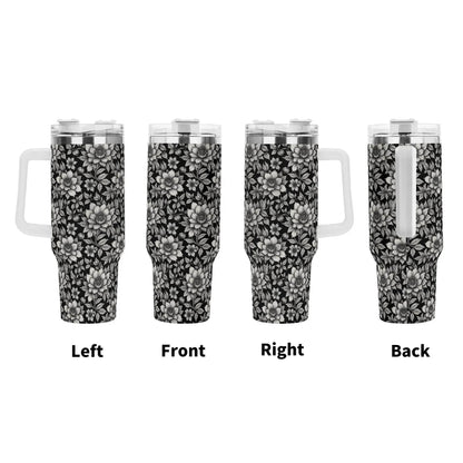 Black and White Bloom 40oz Stainless Steel Tumbler Gift With White Handle and Straw - DeRose Seasonal