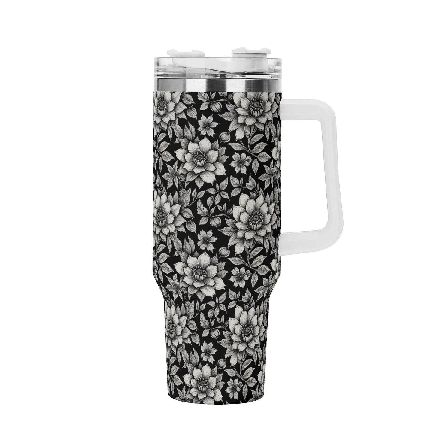 Black and White Bloom 40oz Stainless Steel Tumbler Gift With White Handle and Straw - DeRose Seasonal