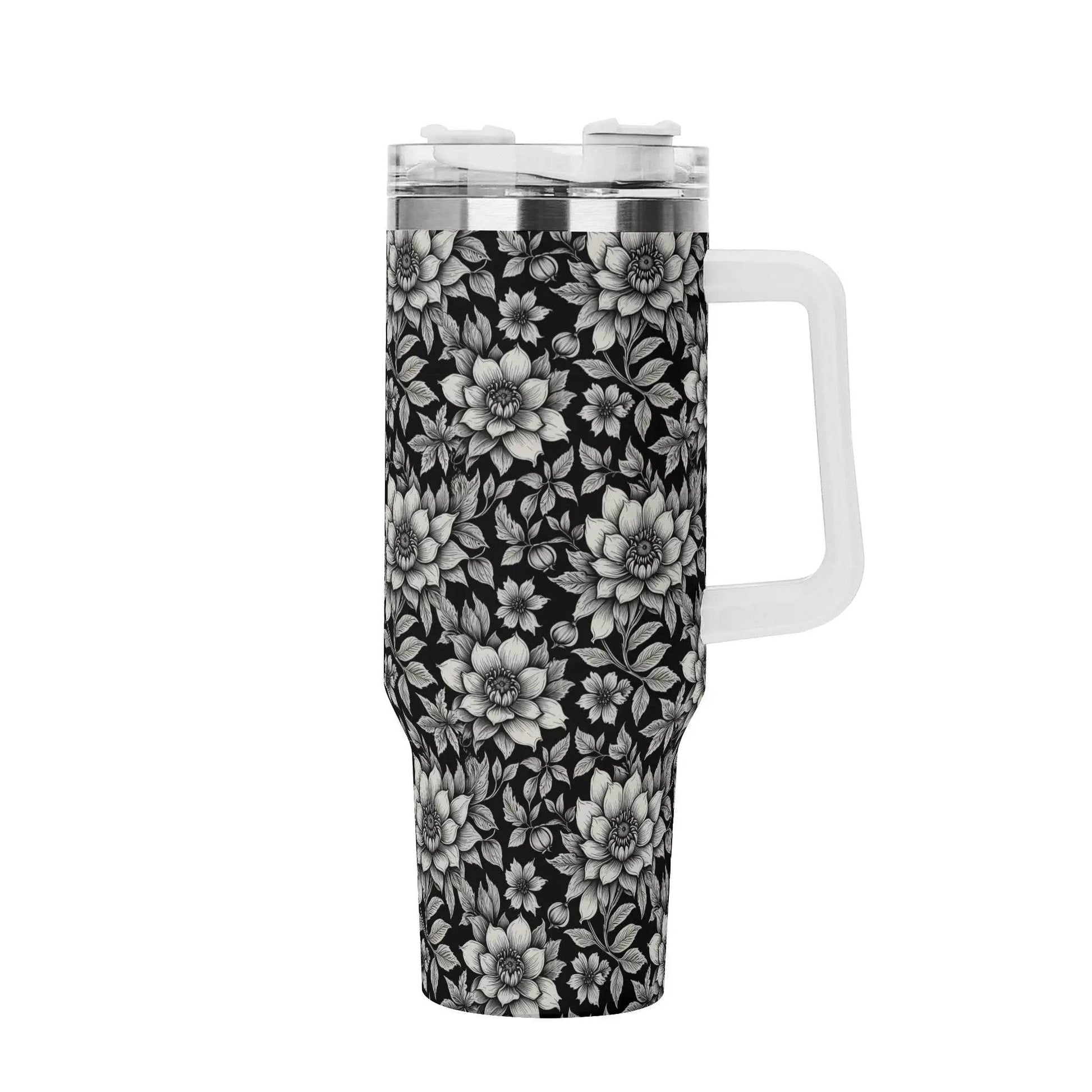 Black and White Bloom 40oz Stainless Steel Tumbler Gift With White Handle and Straw - DeRose Seasonal