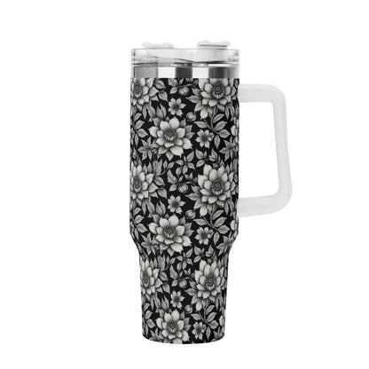 Black and White Bloom 40oz Stainless Steel Tumbler Gift With White Handle and Straw - DeRose Seasonal