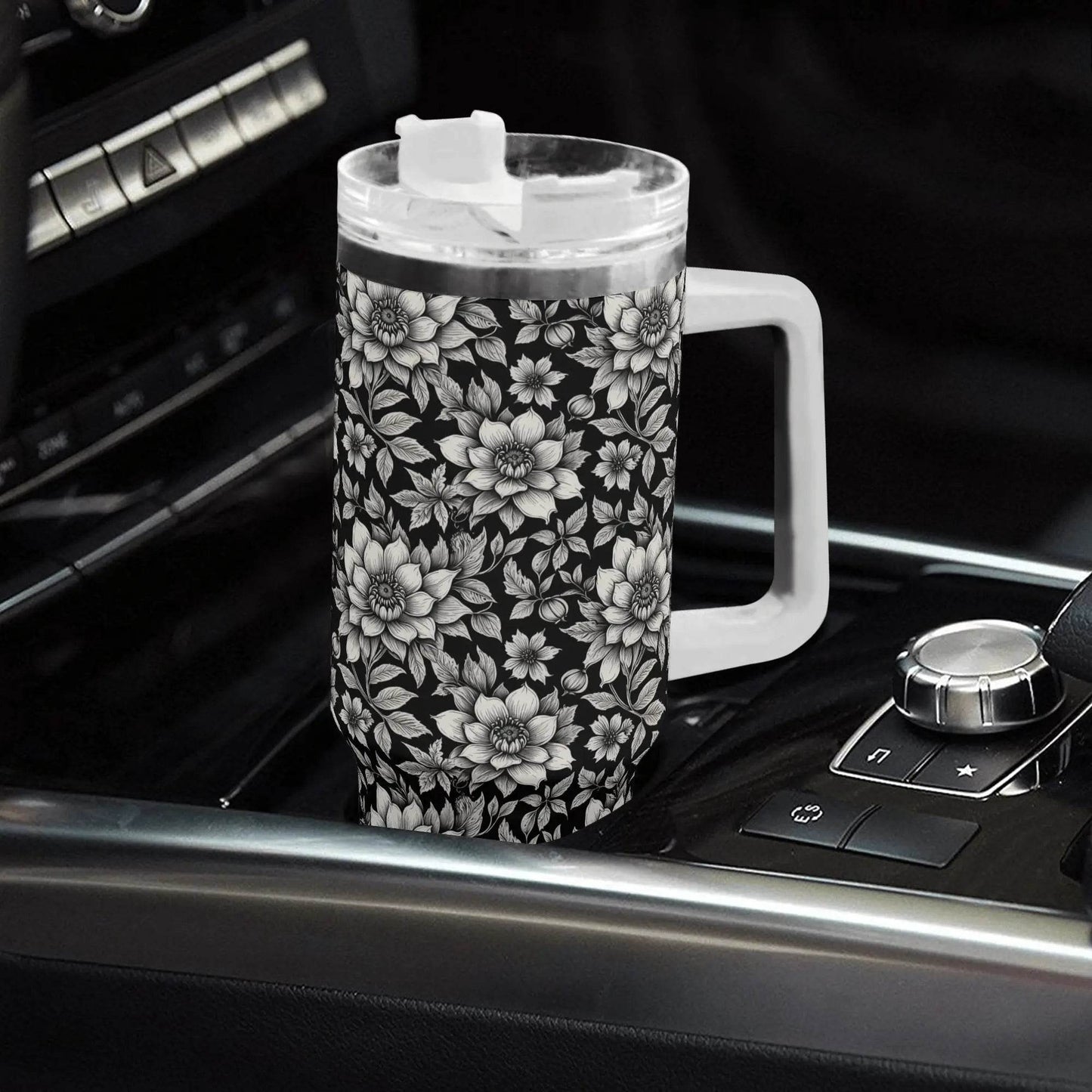 Black and White Bloom 40oz Stainless Steel Tumbler Gift With White Handle and Straw - DeRose Seasonal