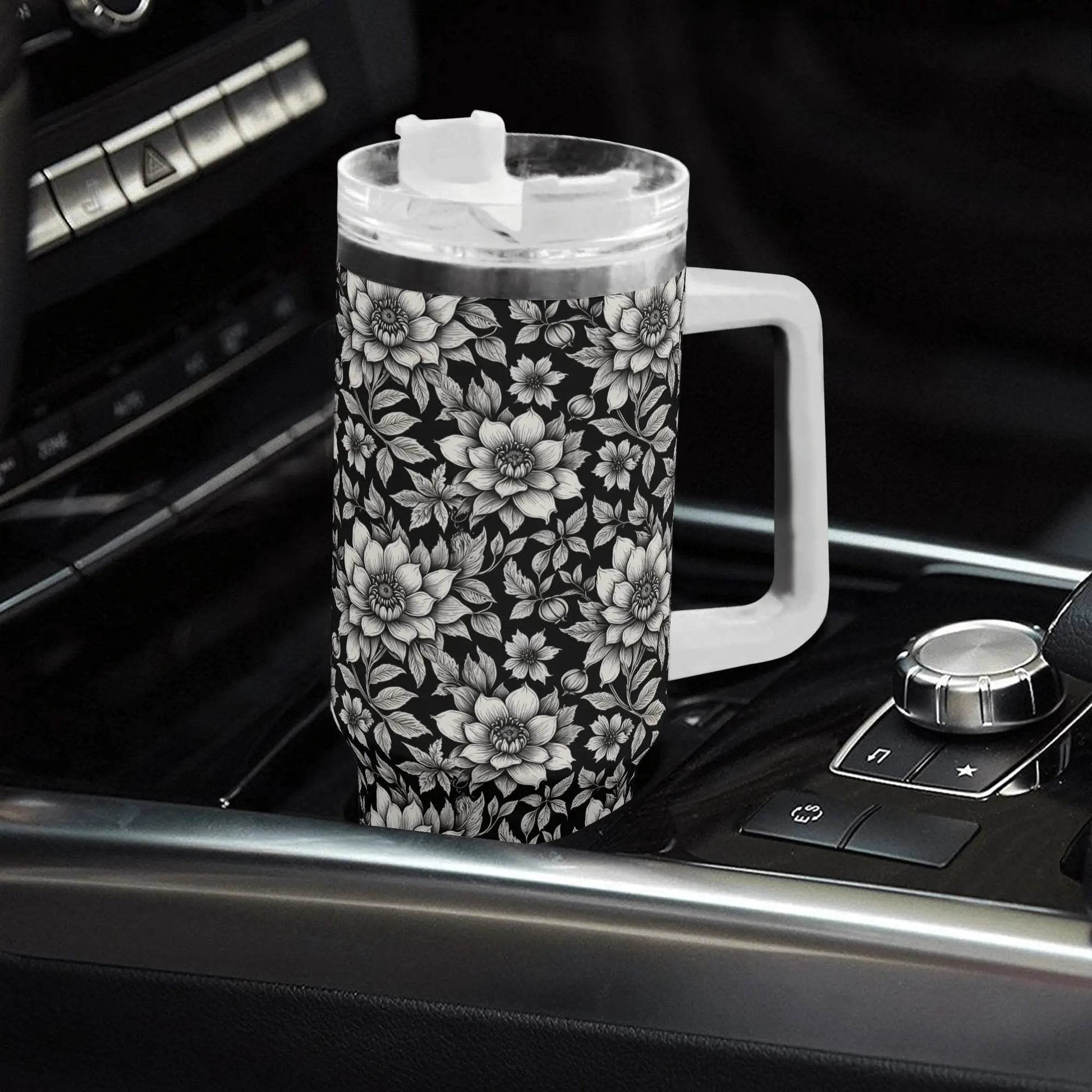 Black and White Bloom 40oz Stainless Steel Tumbler Gift With White Handle and Straw - DeRose Seasonal