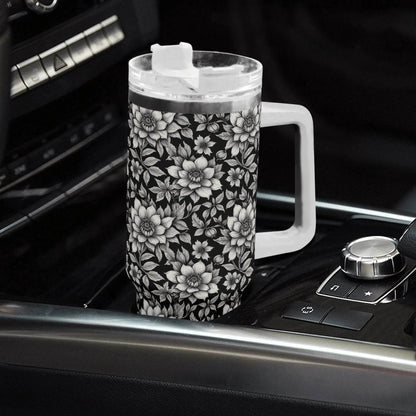 Black and White Bloom 40oz Stainless Steel Tumbler Gift With White Handle and Straw - DeRose Seasonal