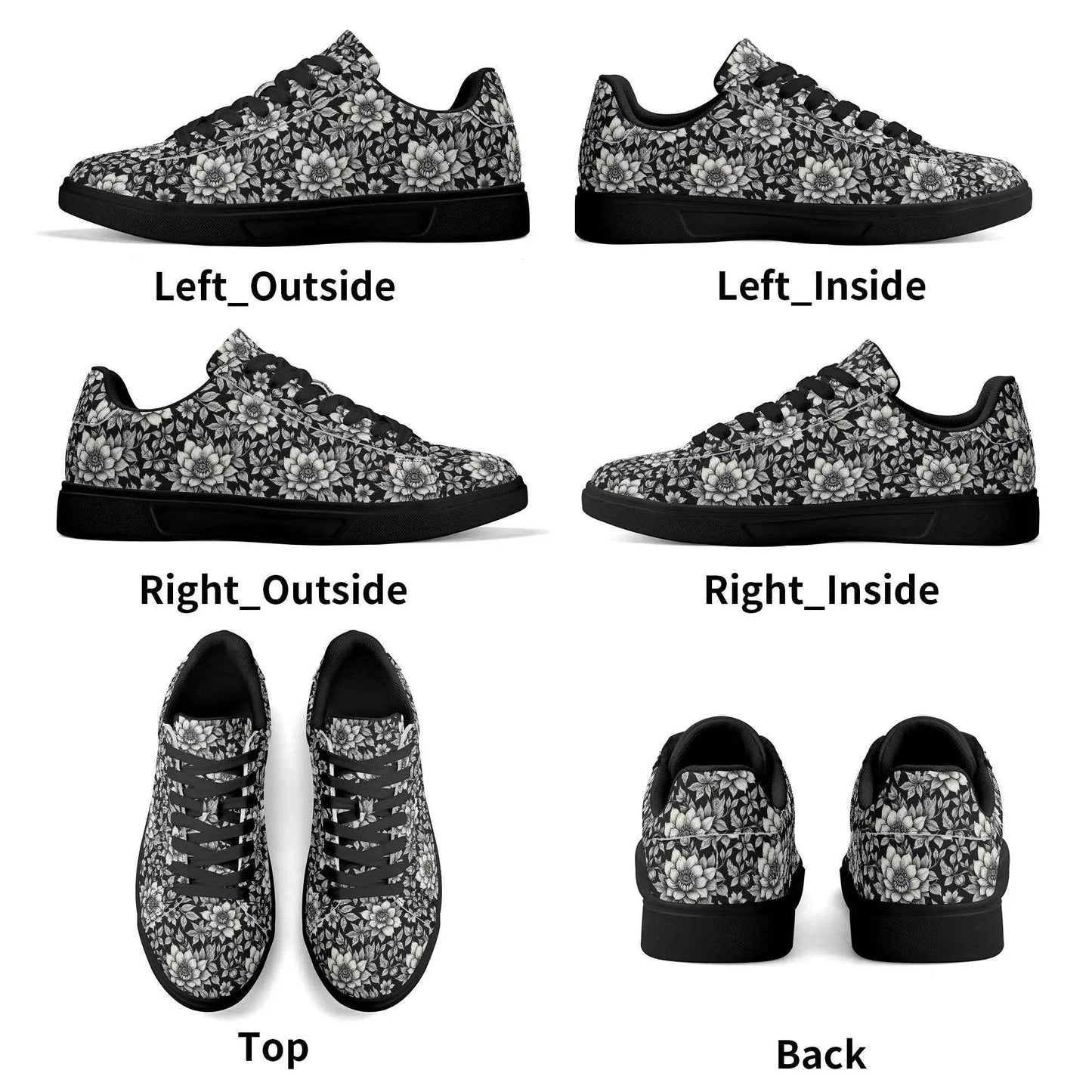 Black and White Bloom Adult Lightweight Brand Low Top Leather Shoes - DeRose Seasonal