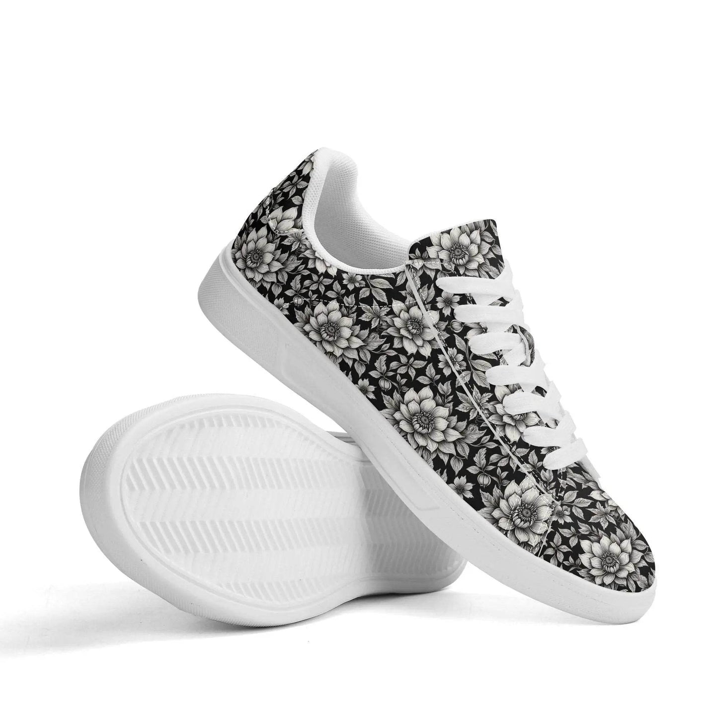 Black and White Bloom Adult Lightweight Brand Low Top Leather Shoes - DeRose Seasonal