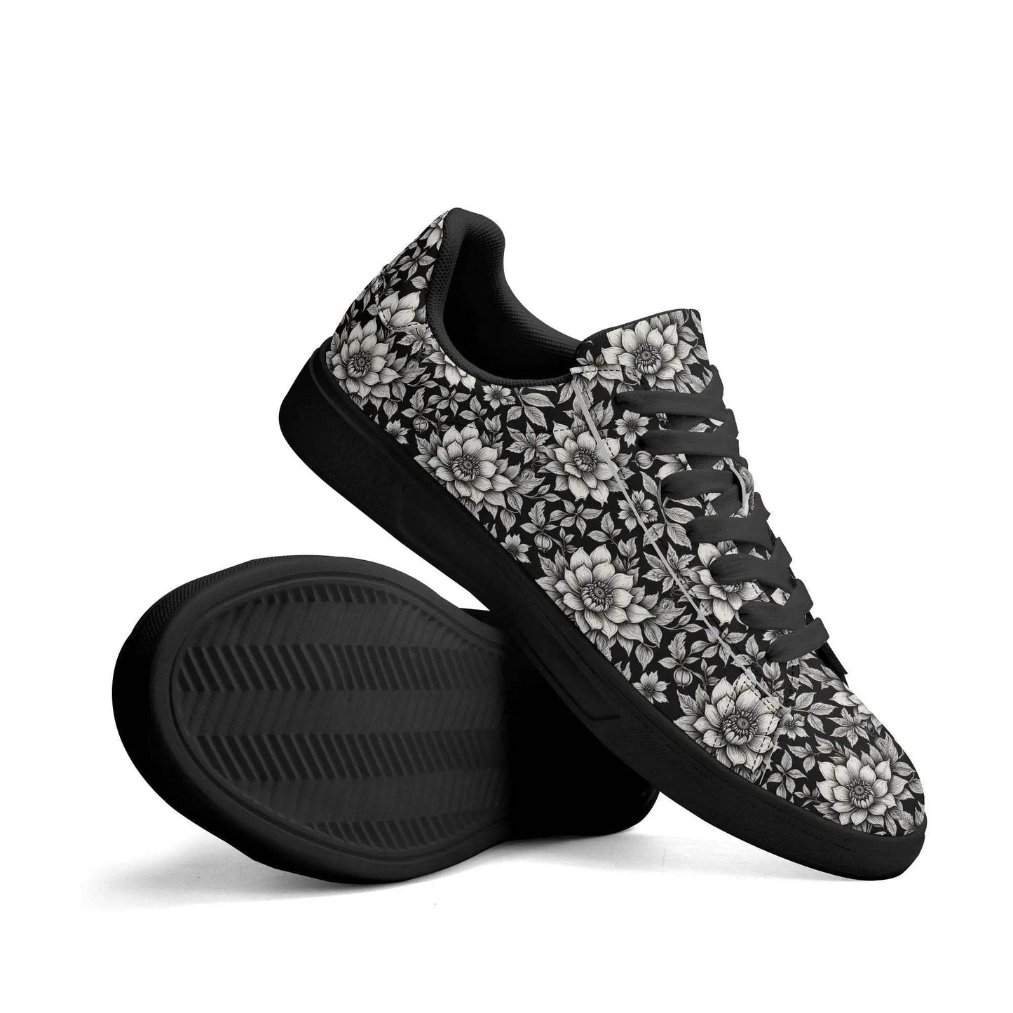 Black and White Bloom Adult Lightweight Brand Low Top Leather Shoes - DeRose Seasonal
