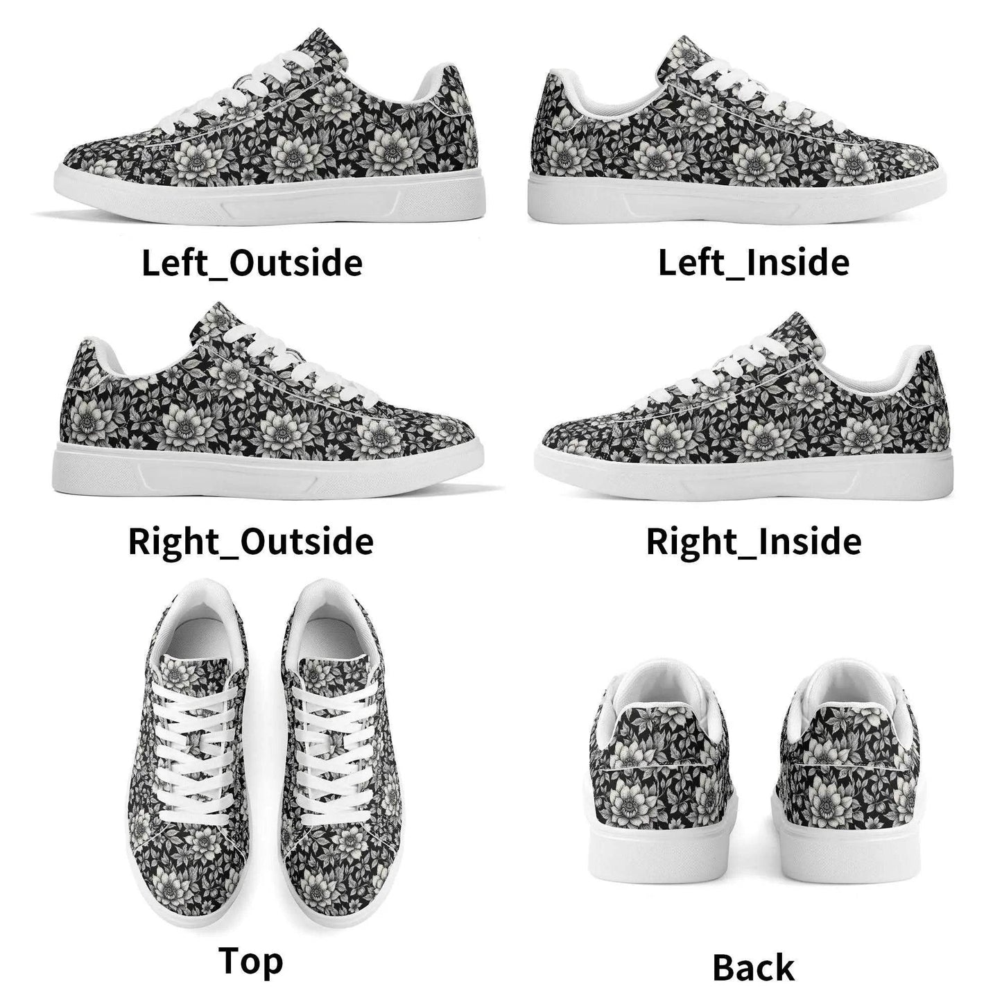 Black and White Bloom Adult Lightweight Brand Low Top Leather Shoes - DeRose Seasonal