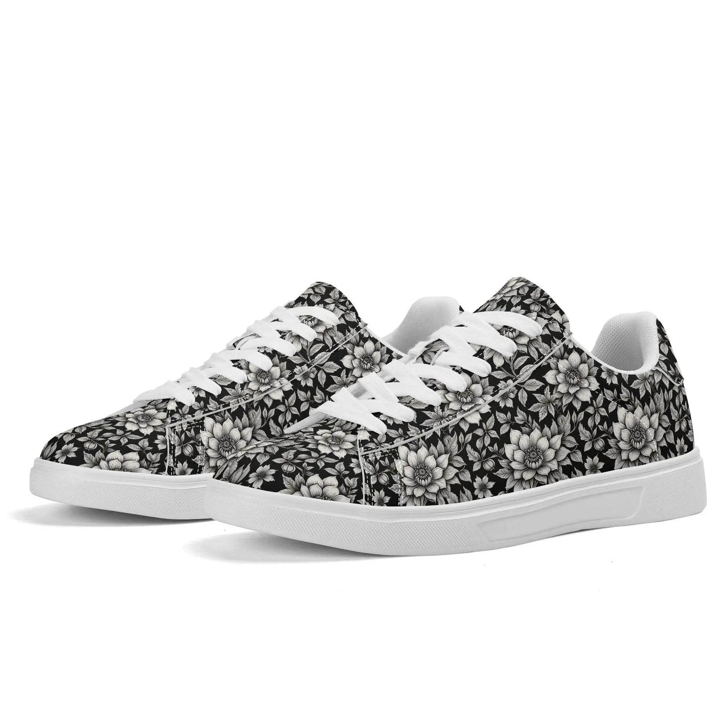 Black and White Bloom Adult Lightweight Brand Low Top Leather Shoes - DeRose Seasonal