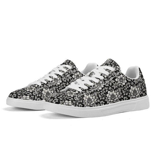 Black and White Bloom Adult Lightweight Brand Low Top Leather Shoes - DeRose Seasonal