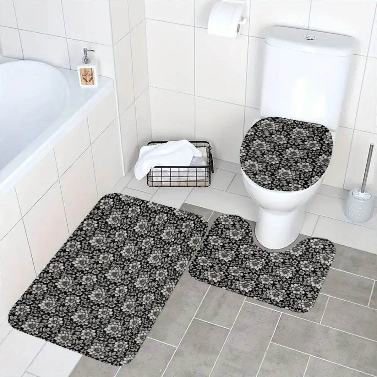 Black and White Bloom Bathroom Four-Piece Set(Shower Curtain + Toilet Cover Mat + Toilet Foot Mat + Floor Mat)| Polyester - DeRose Seasonal