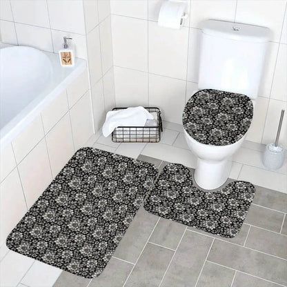 Black and White Bloom Bathroom Four-Piece Set(Shower Curtain + Toilet Cover Mat + Toilet Foot Mat + Floor Mat)| Polyester - DeRose Seasonal