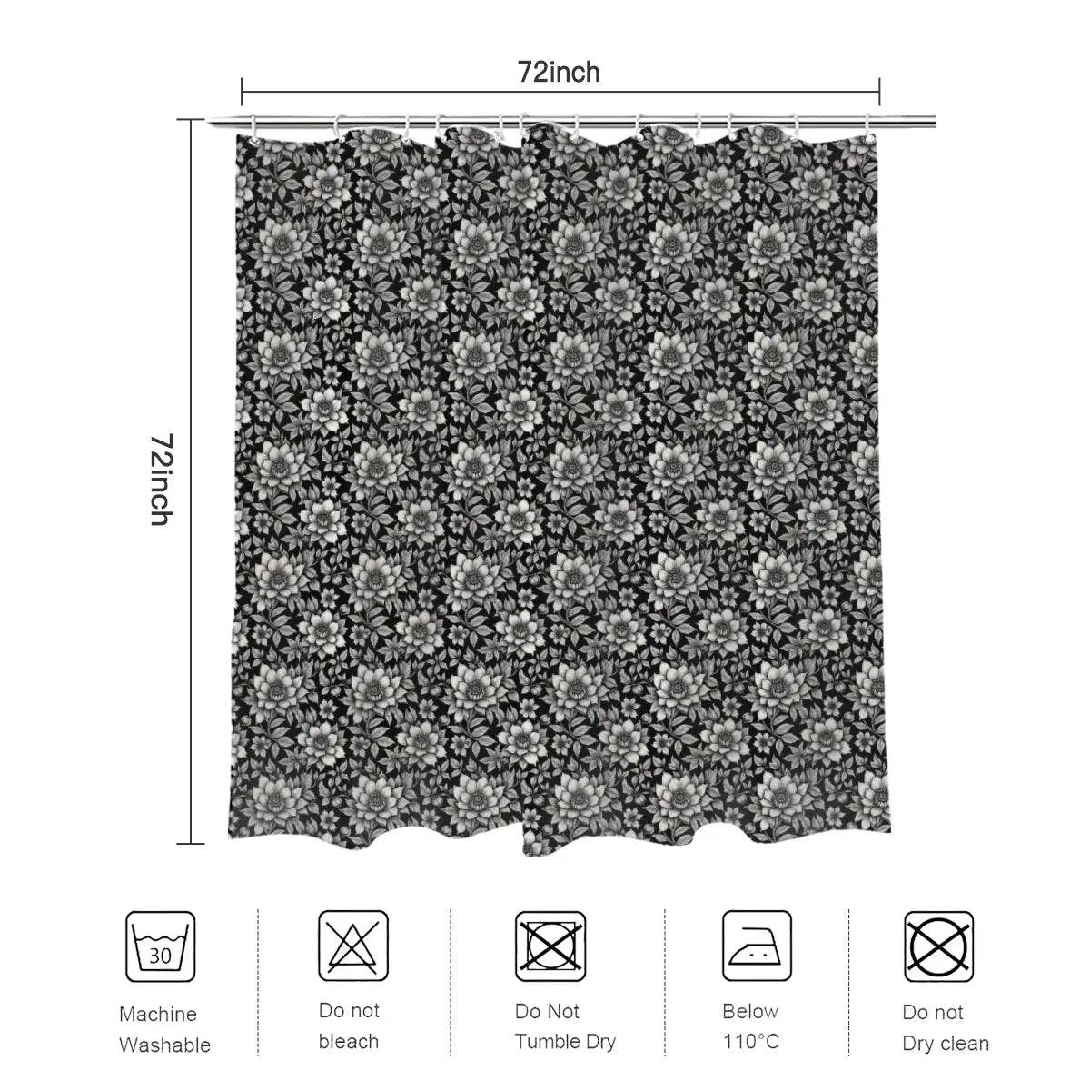 Black and White Bloom Bathroom Four-Piece Set(Shower Curtain + Toilet Cover Mat + Toilet Foot Mat + Floor Mat)| Polyester - DeRose Seasonal
