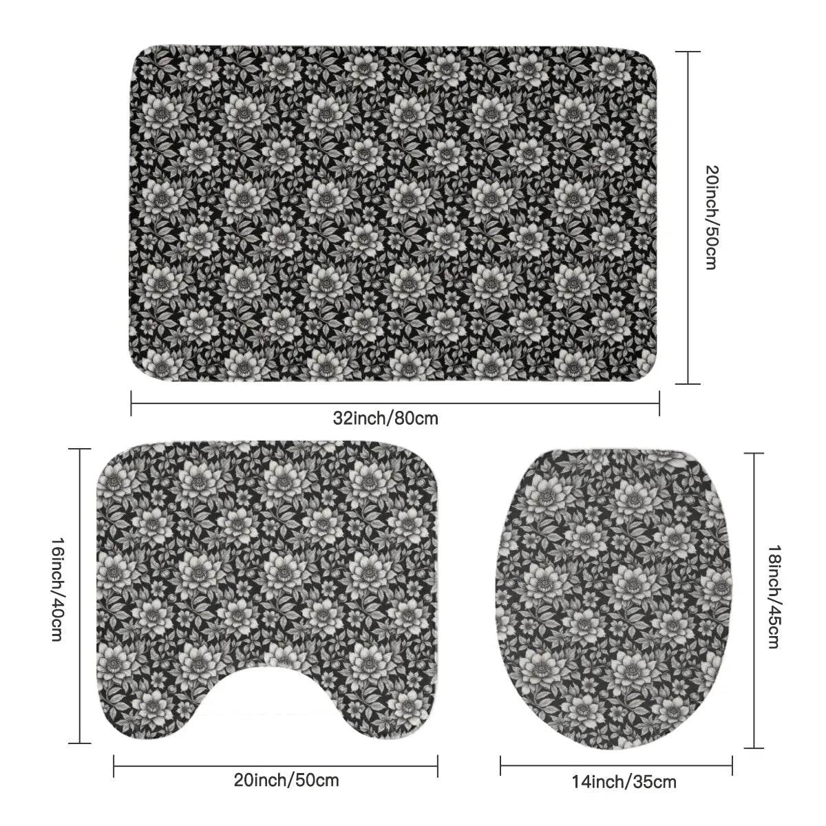 Black and White Bloom Bathroom Four-Piece Set(Shower Curtain + Toilet Cover Mat + Toilet Foot Mat + Floor Mat)| Polyester - DeRose Seasonal