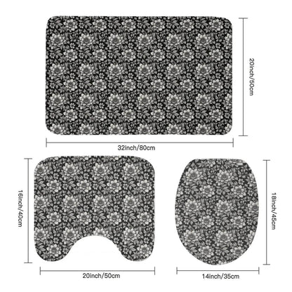 Black and White Bloom Bathroom Four-Piece Set(Shower Curtain + Toilet Cover Mat + Toilet Foot Mat + Floor Mat)| Polyester - DeRose Seasonal