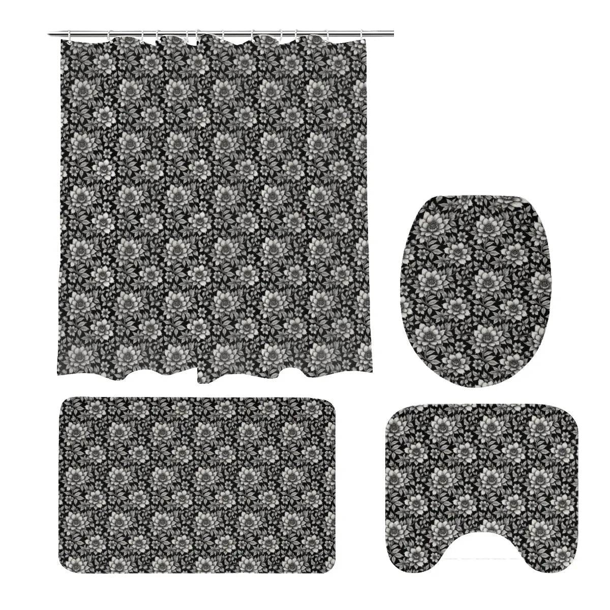 Black and White Bloom Bathroom Four-Piece Set(Shower Curtain + Toilet Cover Mat + Toilet Foot Mat + Floor Mat)| Polyester - DeRose Seasonal