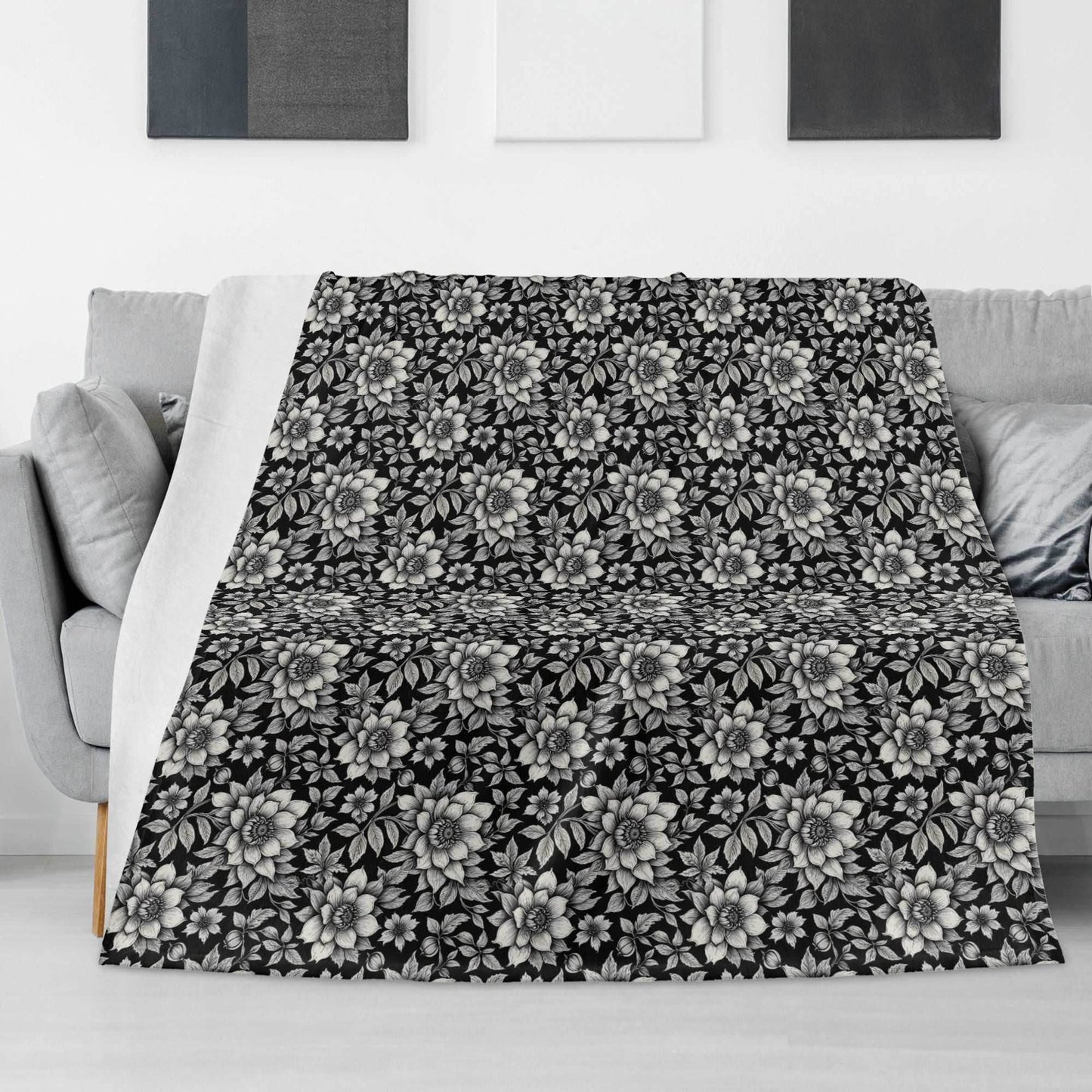 Black and White Bloom Flannel Breathable Blanket 4 Sizes - DeRose Seasonal