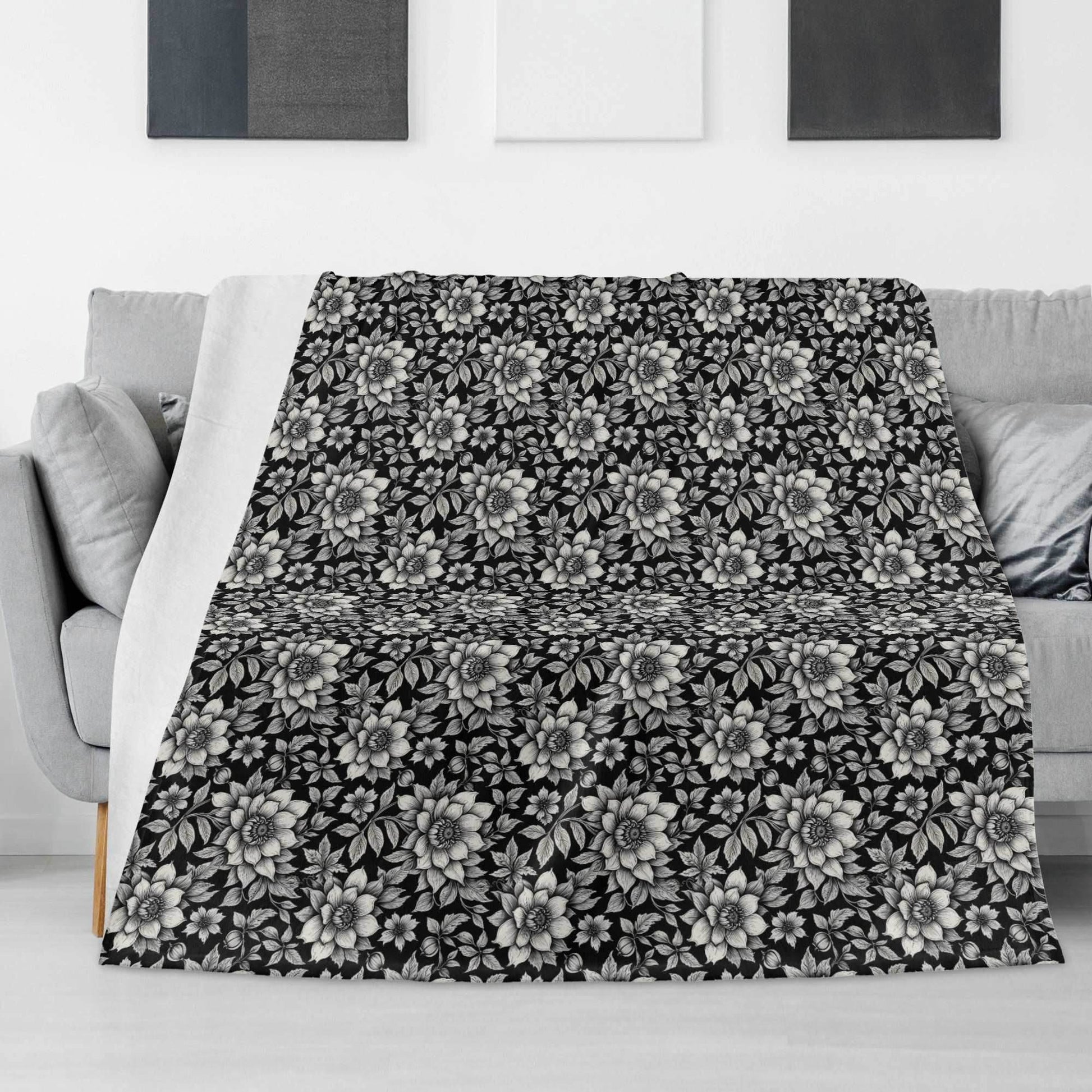 Black and White Bloom Flannel Breathable Blanket 4 Sizes - DeRose Seasonal