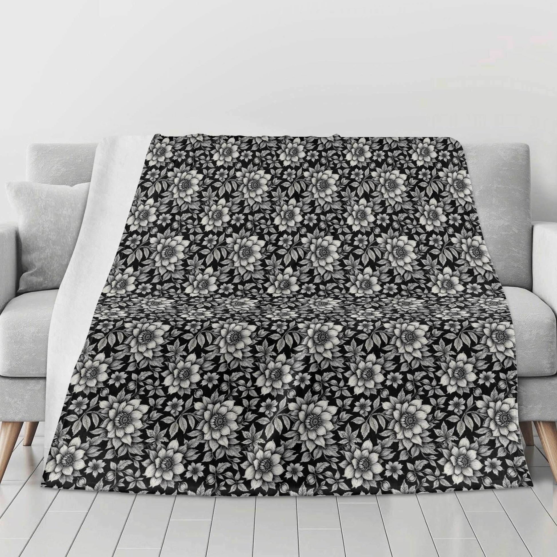 Black and White Bloom Flannel Breathable Blanket 4 Sizes - DeRose Seasonal