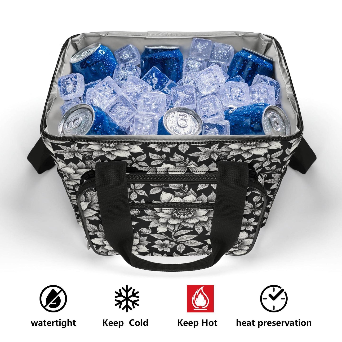 Black and White Bloom Insulated Leakproof Cooler Bag Lunch Box - DeRose Seasonal
