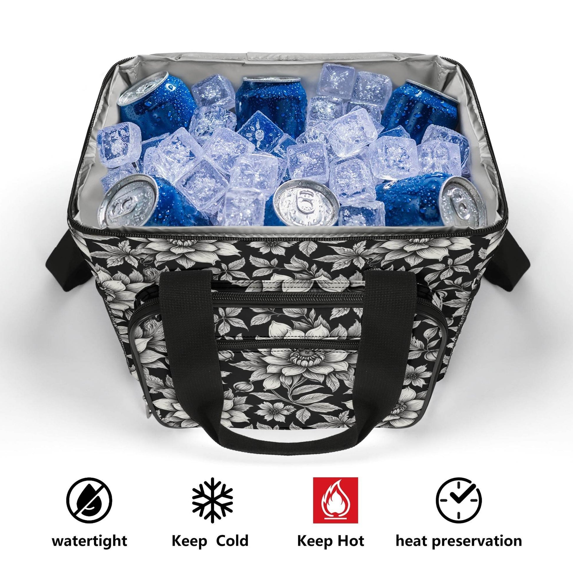 Black and White Bloom Insulated Leakproof Cooler Bag Lunch Box - DeRose Seasonal
