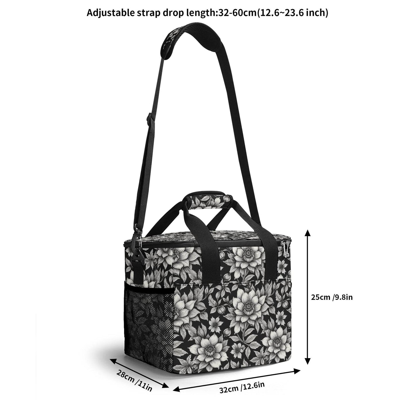 Black and White Bloom Insulated Leakproof Cooler Bag Lunch Box - DeRose Seasonal