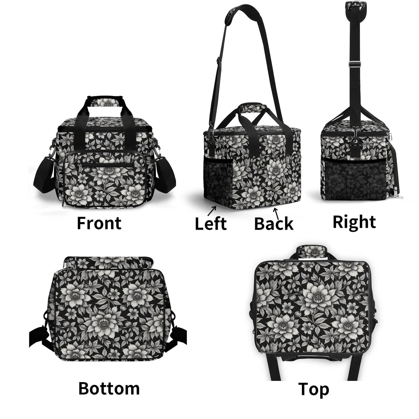 Black and White Bloom Insulated Leakproof Cooler Bag Lunch Box - DeRose Seasonal
