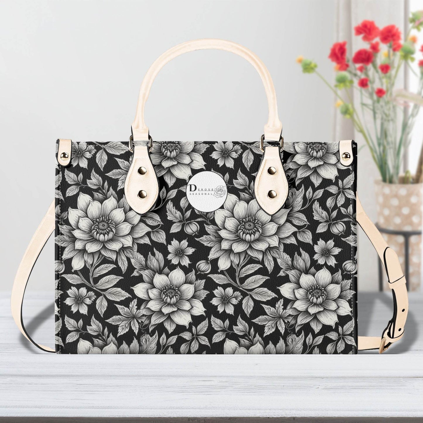 Black and White Bloom Luxury Women's Leather Handbag - DeRose Seasonal