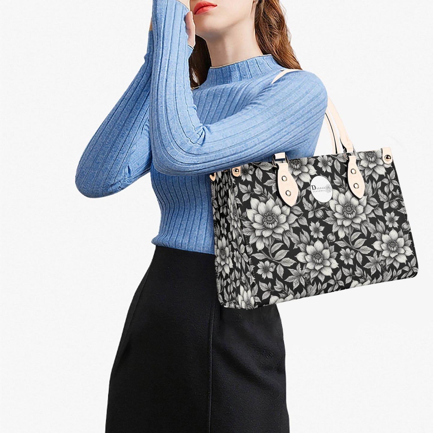Black and White Bloom Luxury Women's Leather Handbag - DeRose Seasonal