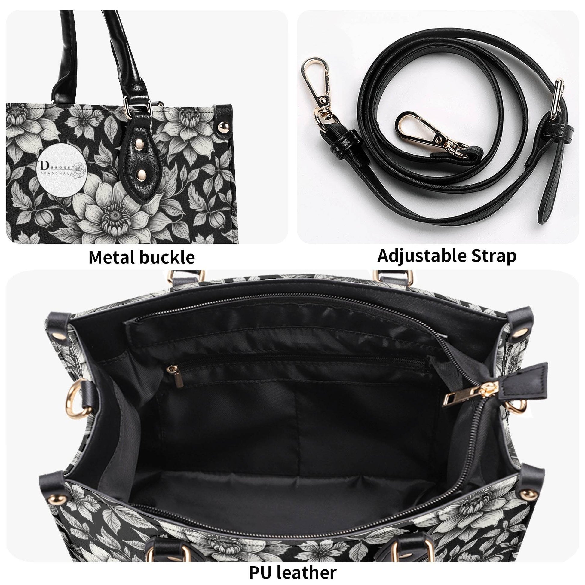 Black and White Bloom Luxury Women's Leather Handbag - DeRose Seasonal