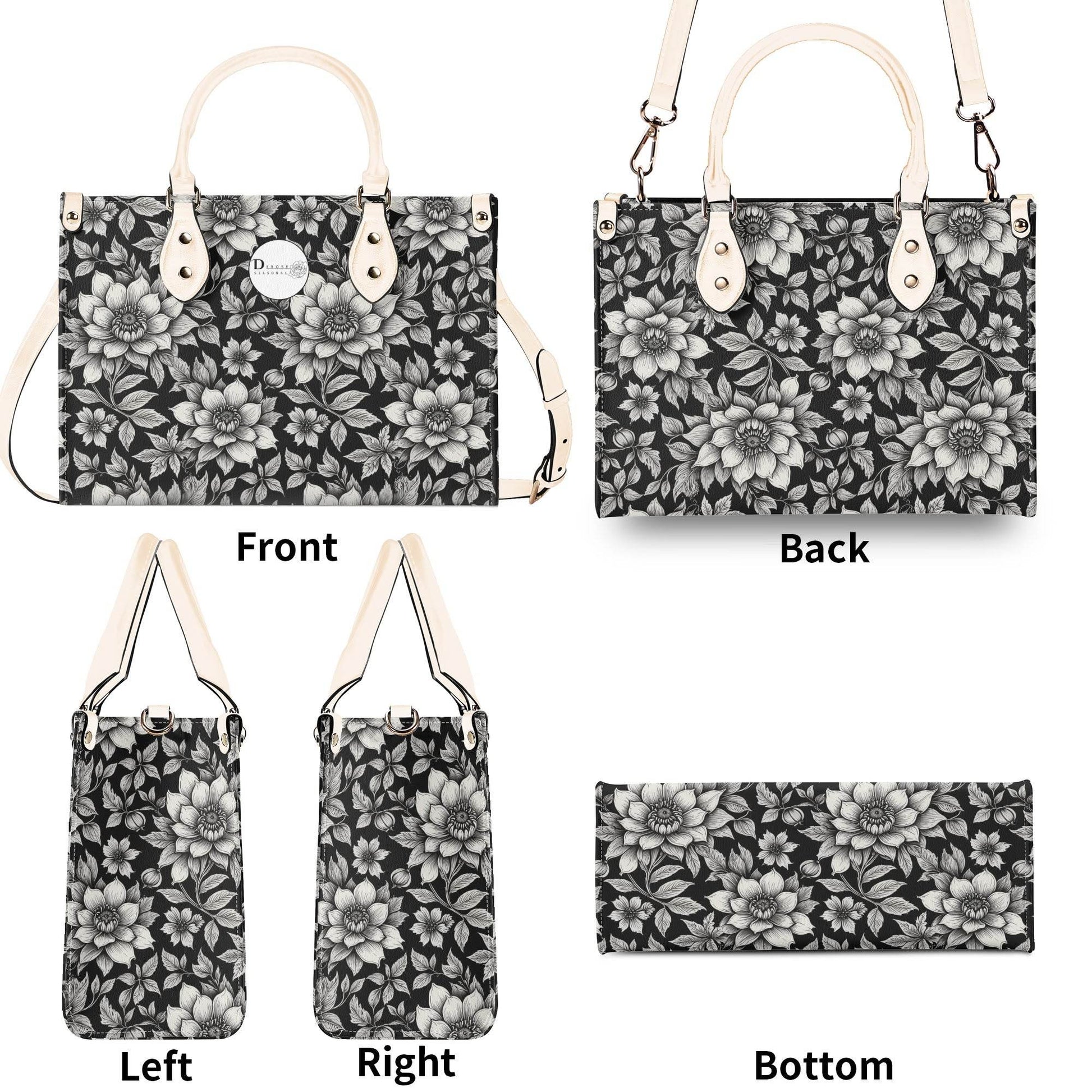Black and White Bloom Luxury Women's Leather Handbag - DeRose Seasonal