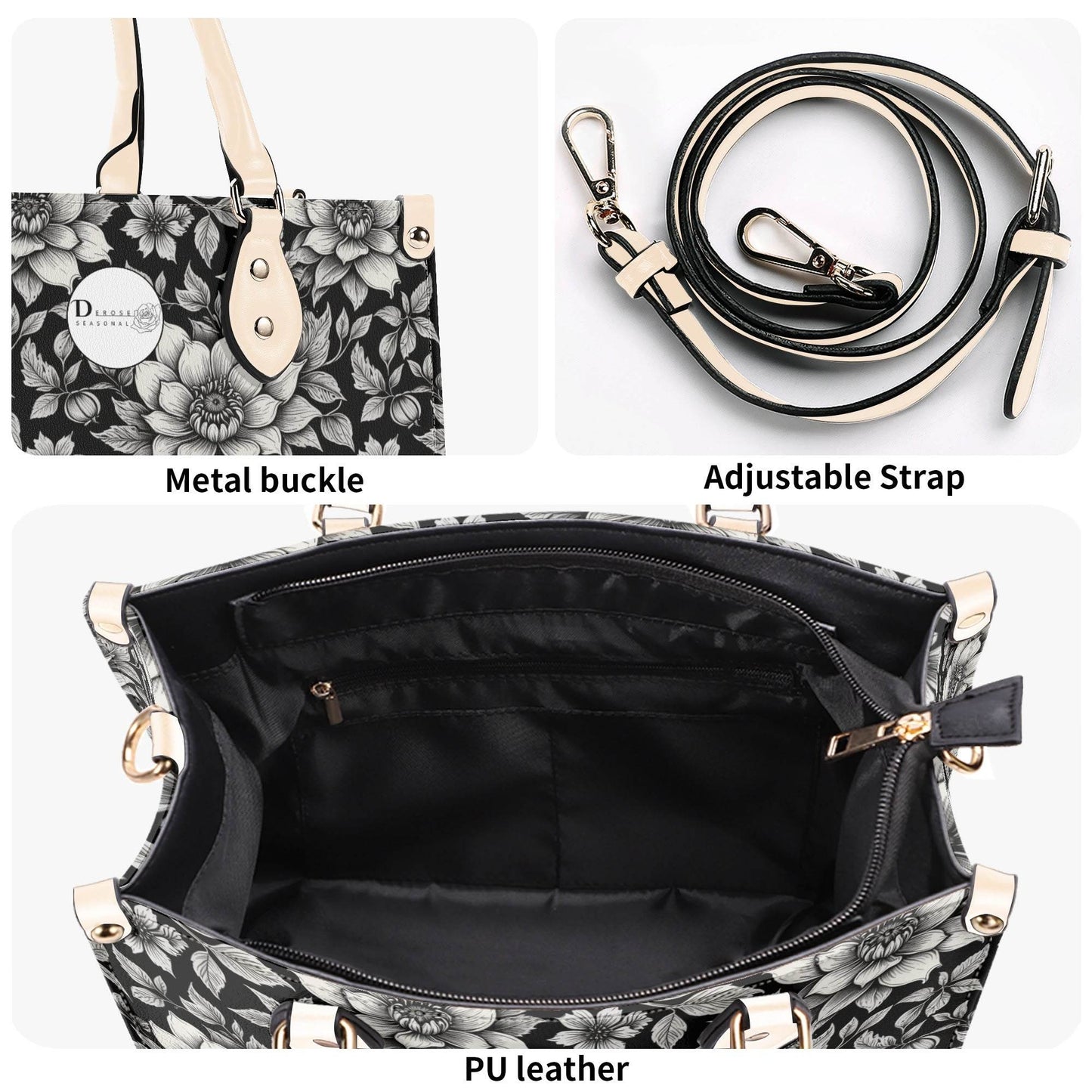 Black and White Bloom Luxury Women's Leather Handbag - DeRose Seasonal