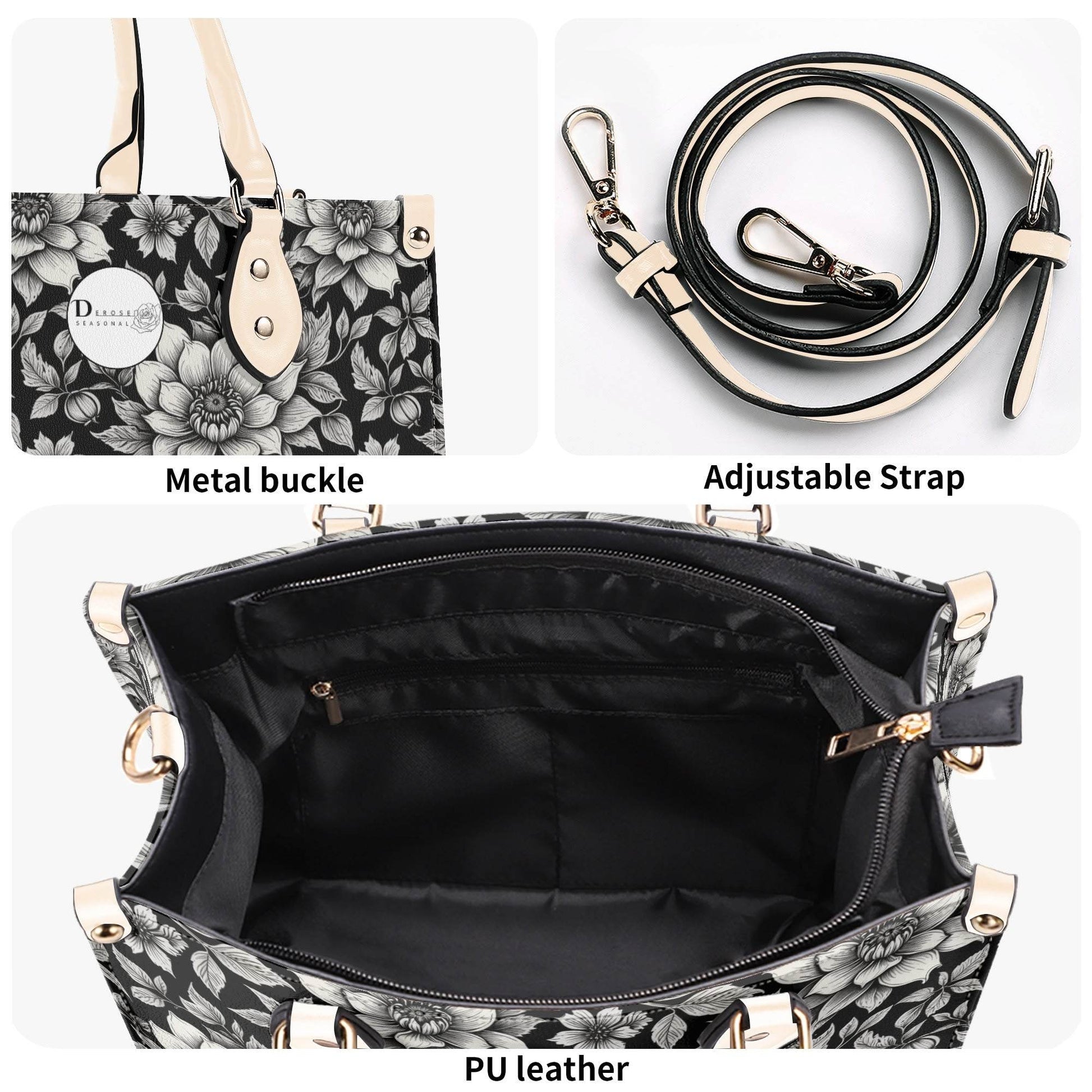 Black and White Bloom Luxury Women's Leather Handbag - DeRose Seasonal