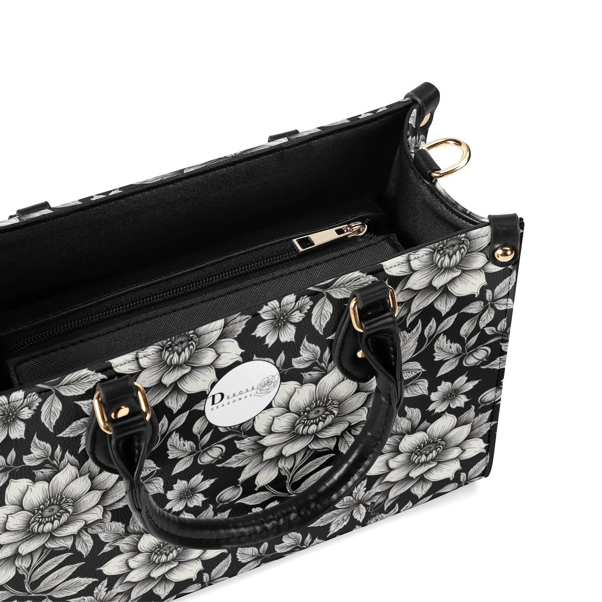 Black and White Bloom Luxury Women's Leather Handbag - DeRose Seasonal