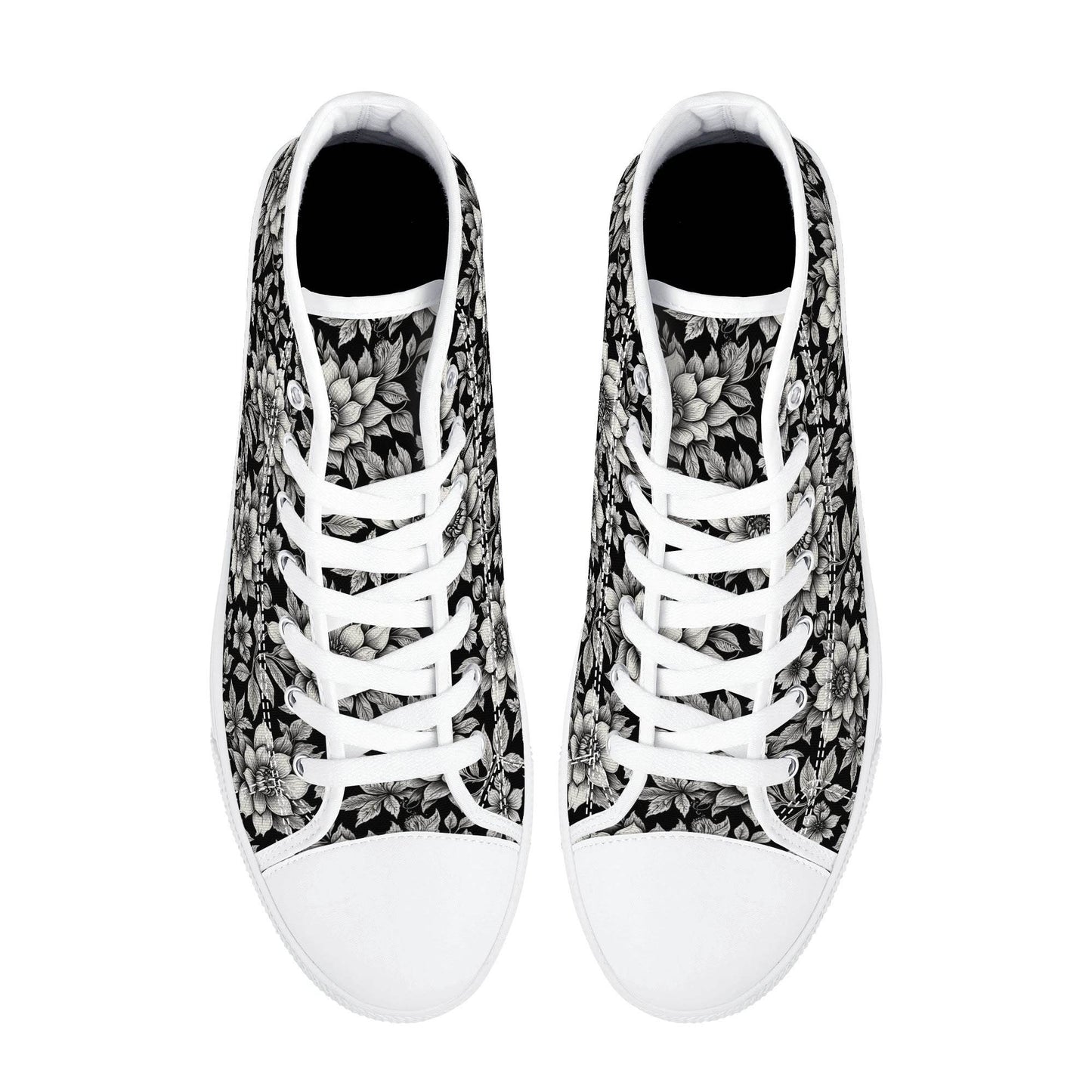 Black and White Bloom Men's High Top Canvas Shoes - DeRose Seasonal