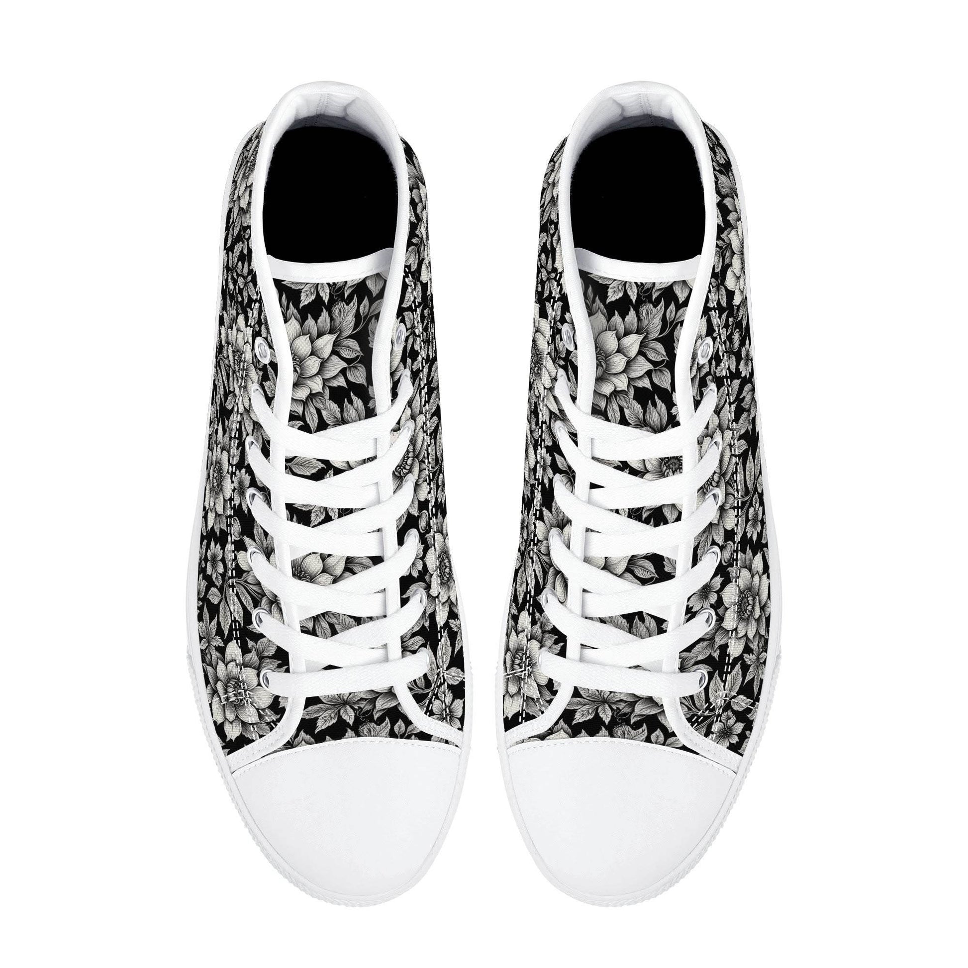 Black and White Bloom Men's High Top Canvas Shoes - DeRose Seasonal