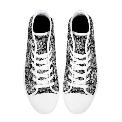 Black and White Bloom Men's High Top Canvas Shoes - DeRose Seasonal