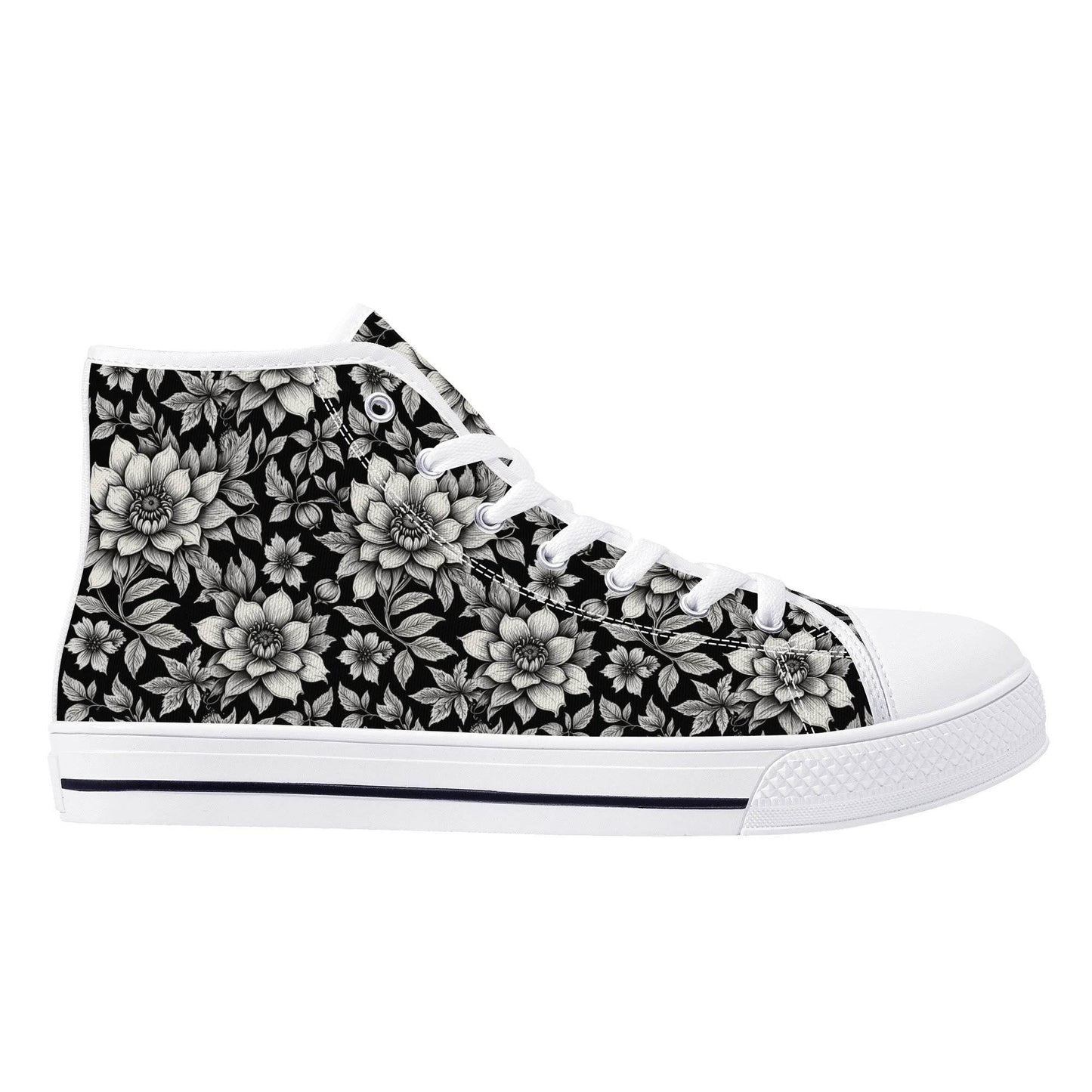 Black and White Bloom Men's High Top Canvas Shoes - DeRose Seasonal