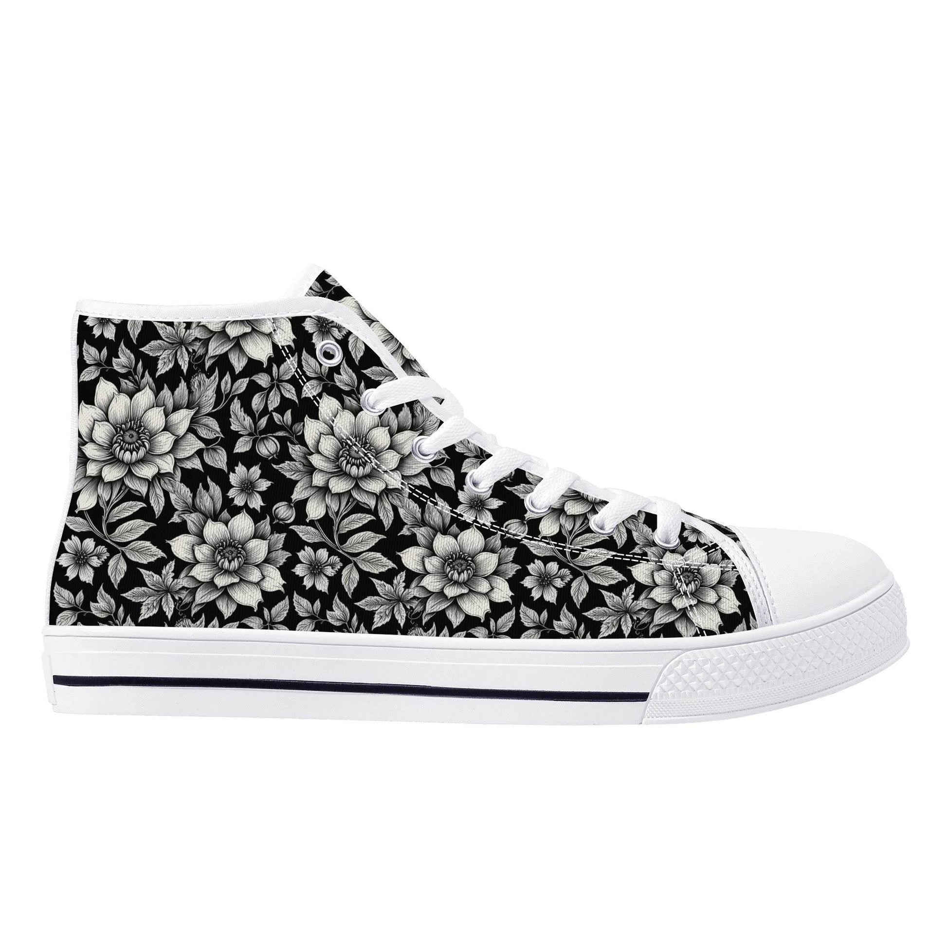 Black and White Bloom Men's High Top Canvas Shoes - DeRose Seasonal