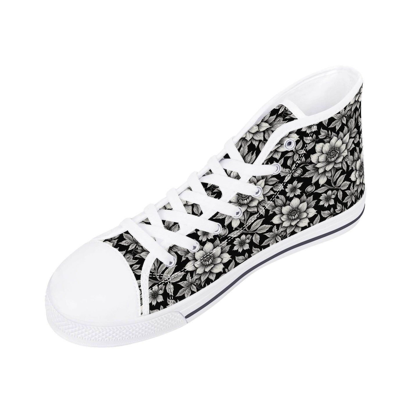 Black and White Bloom Men's High Top Canvas Shoes - DeRose Seasonal