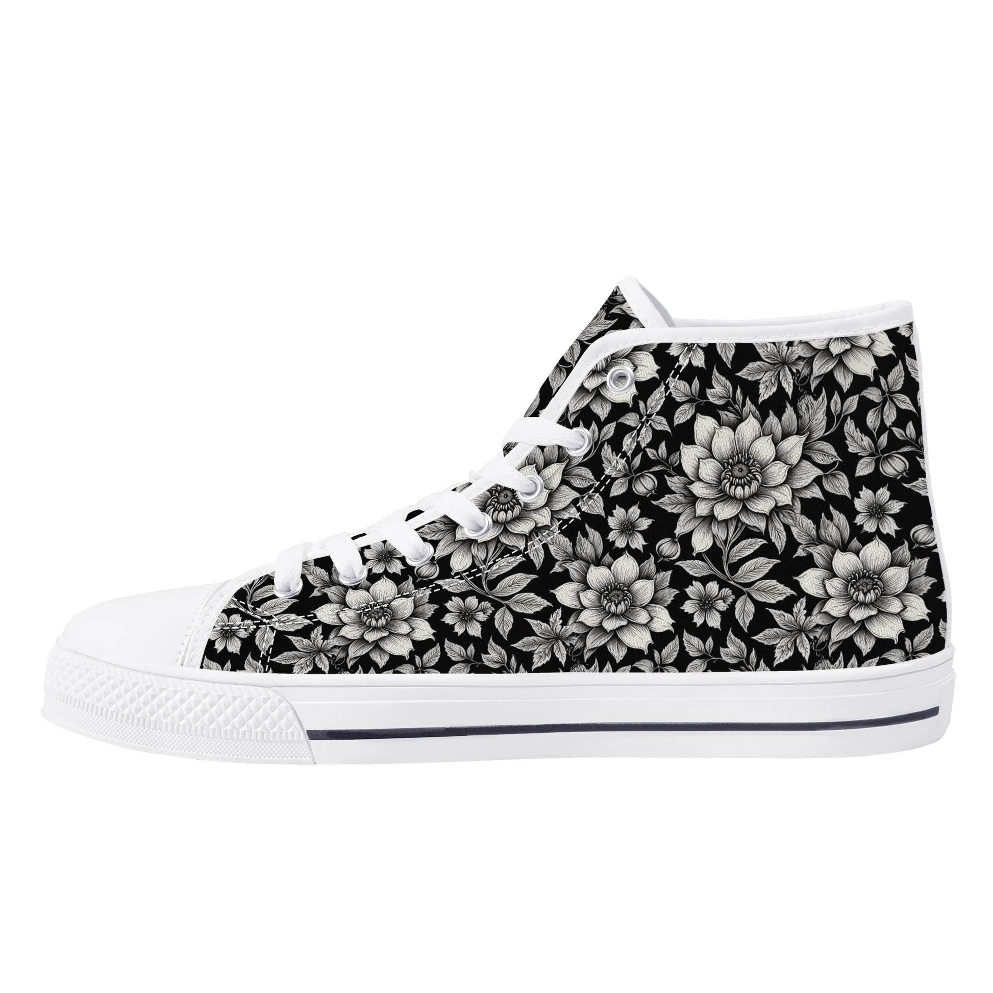 Black and White Bloom Men's High Top Canvas Shoes - DeRose Seasonal