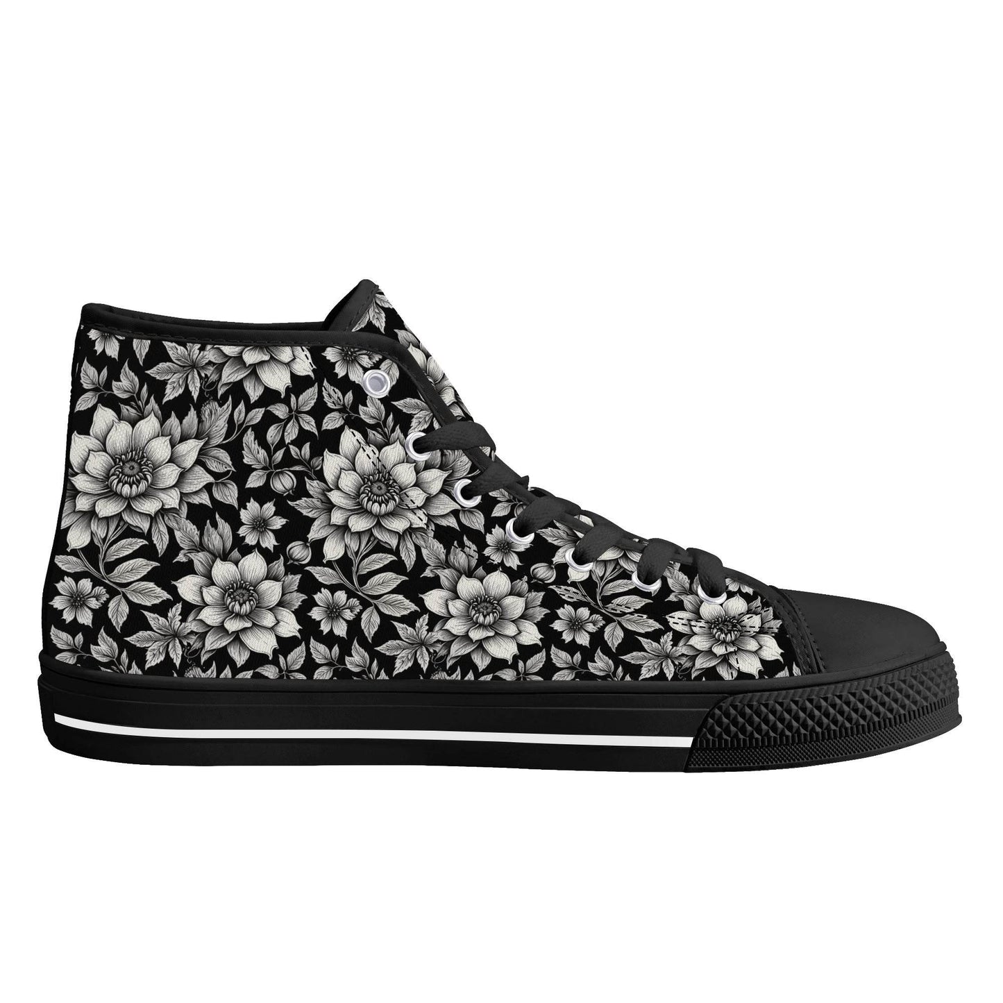 Black and White Bloom Men's High Top Canvas Shoes - DeRose Seasonal