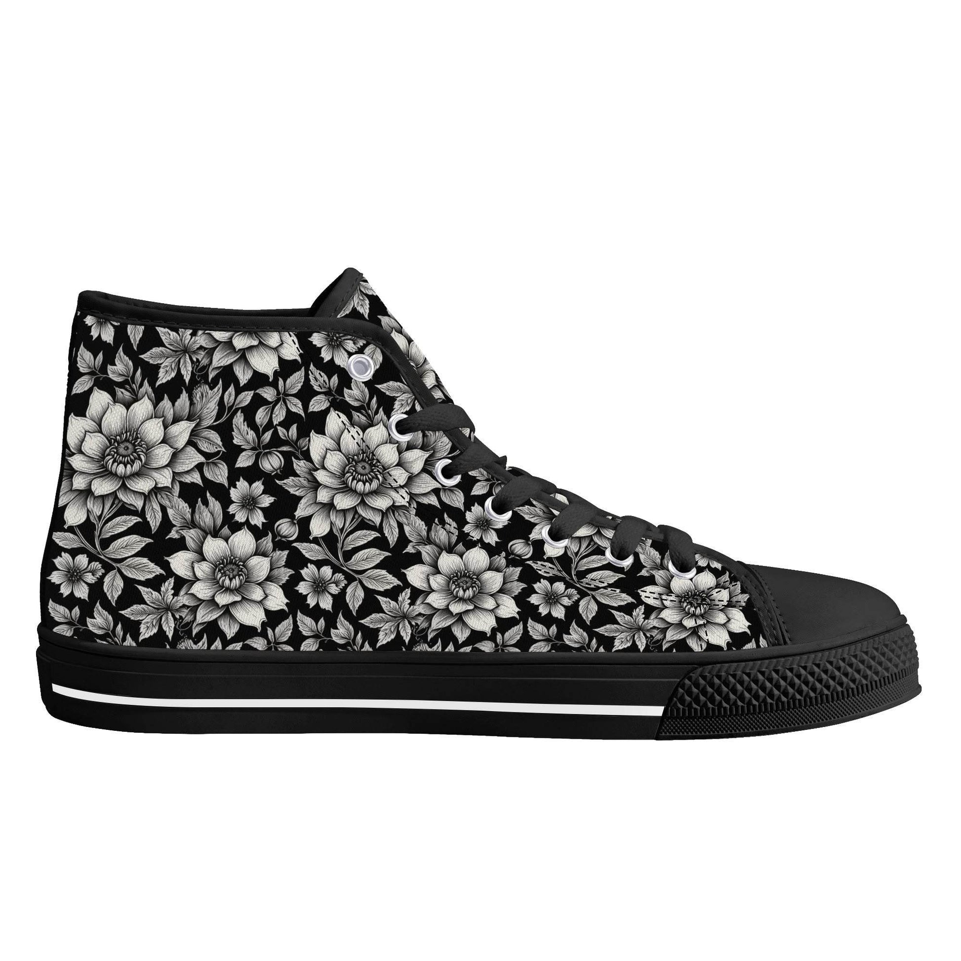 Black and White Bloom Men's High Top Canvas Shoes - DeRose Seasonal