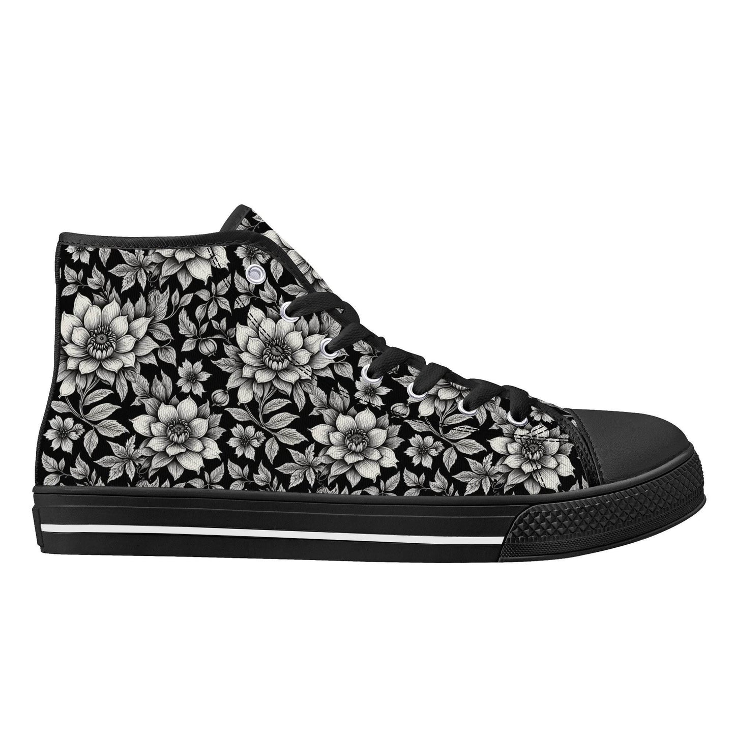 Black and White Bloom Men's High Top Canvas Shoes - DeRose Seasonal
