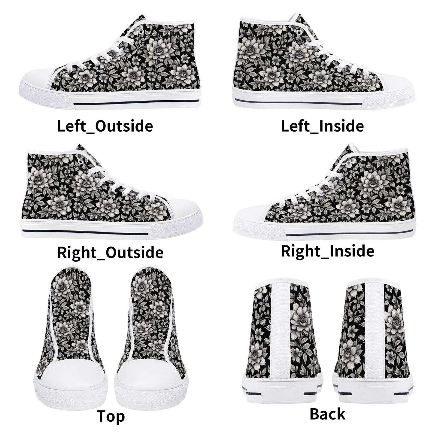 Black and White Bloom Men's High Top Canvas Shoes - DeRose Seasonal