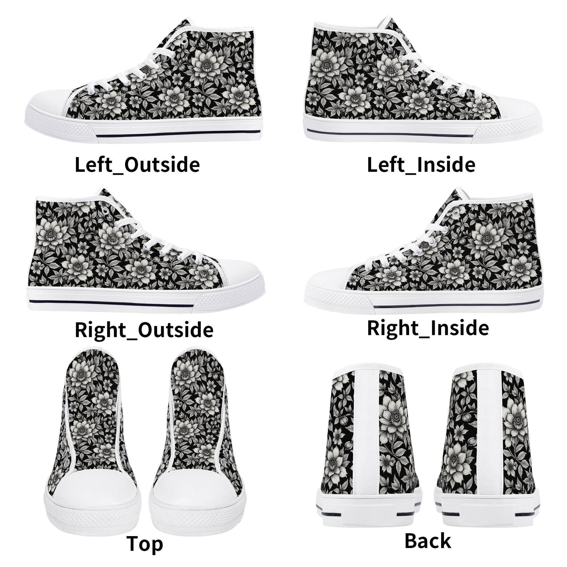 Black and White Bloom Men's High Top Canvas Shoes - DeRose Seasonal