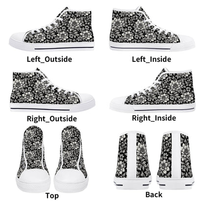 Black and White Bloom Men's High Top Canvas Shoes - DeRose Seasonal