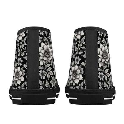 Black and White Bloom Men's High Top Canvas Shoes - DeRose Seasonal