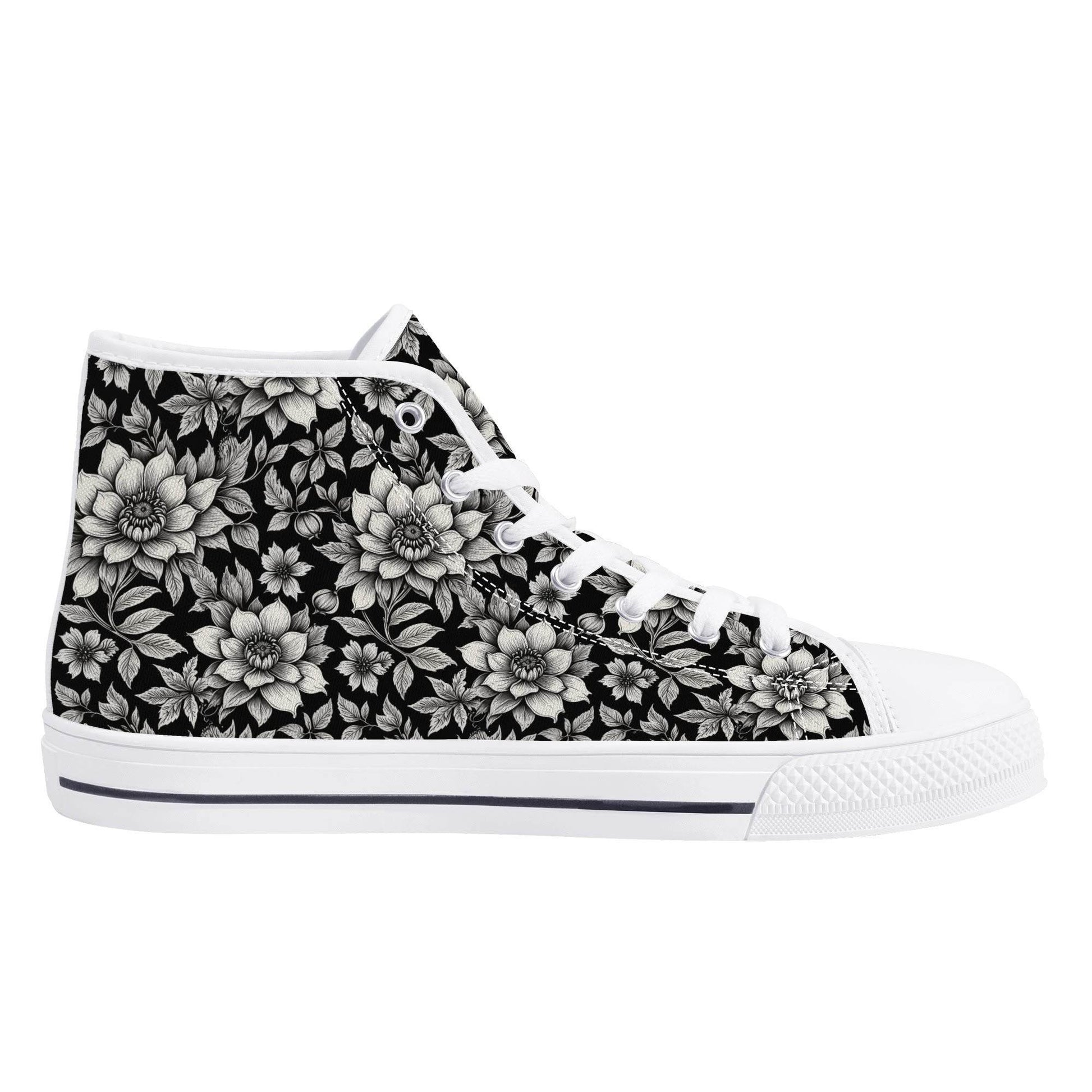 Black and White Bloom Men's High Top Canvas Shoes - DeRose Seasonal