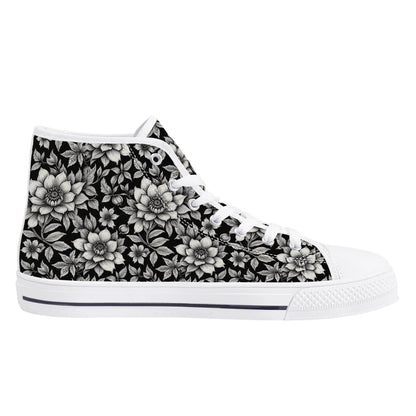 Black and White Bloom Men's High Top Canvas Shoes - DeRose Seasonal
