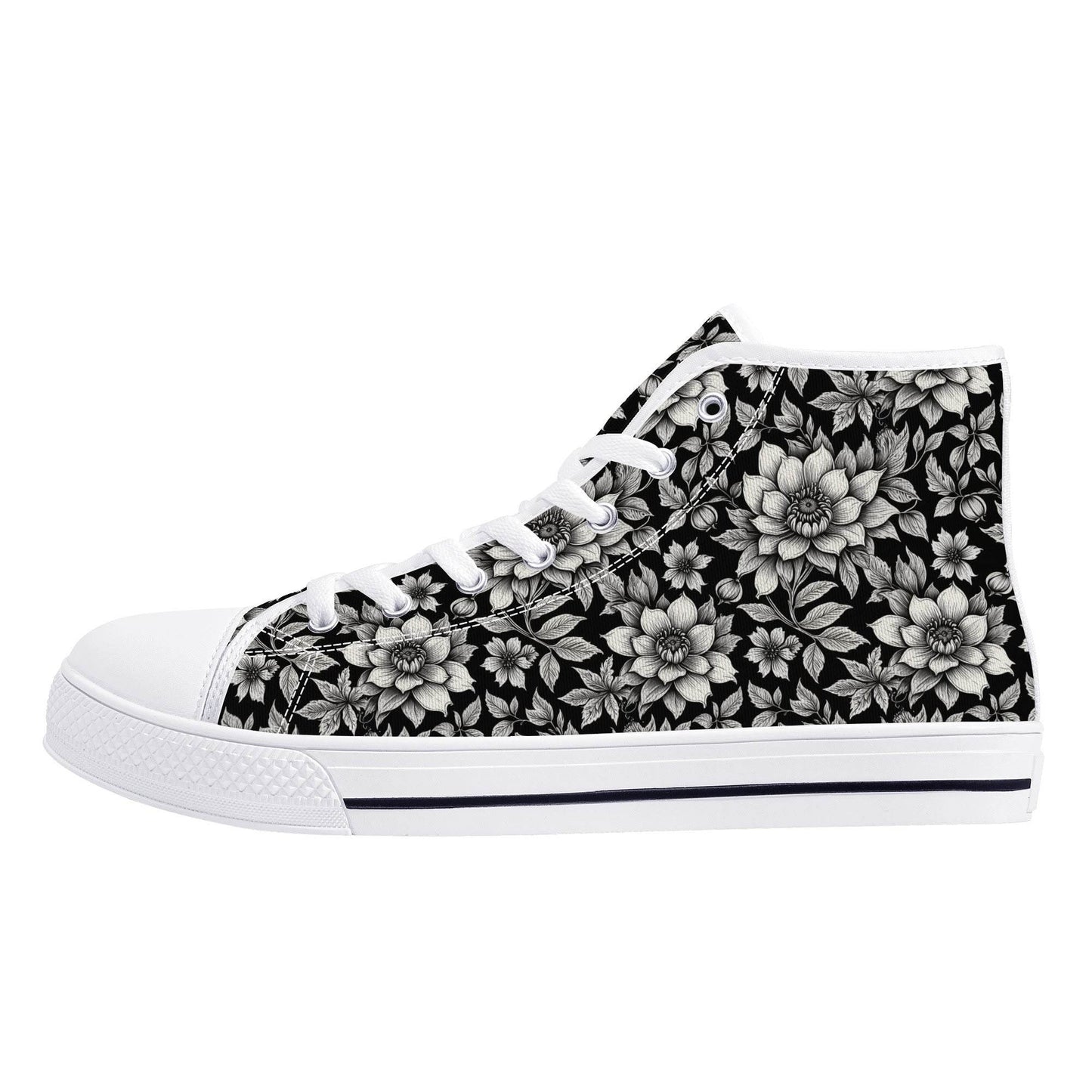 Black and White Bloom Men's High Top Canvas Shoes - DeRose Seasonal